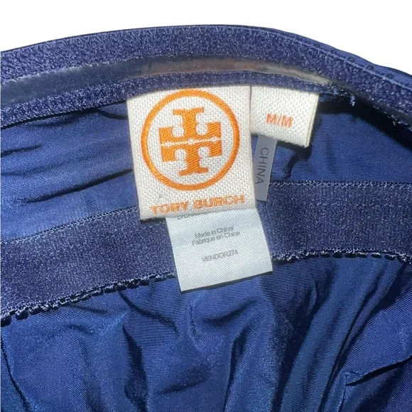 Like New Tory Burch Strapless One Piece Swimsuit Navy Blue White Padded Bust - Picture 4 of 5